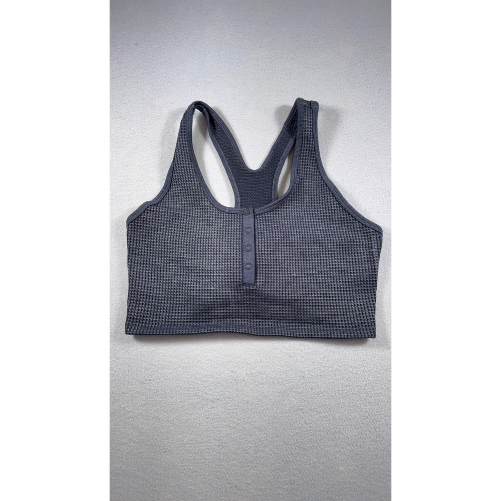 Charcoal Grey Waffle Knit Henley Sports Bra Racerback Crop Top Small